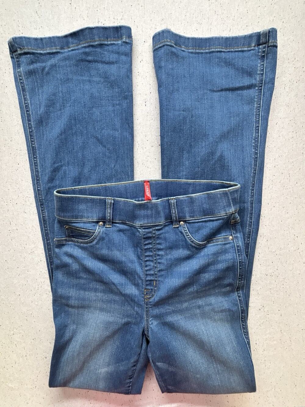 Spanx Flare Jeans Womens M Long Blue Wash Denim Pull On High Rise Stretch 36’ T
